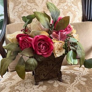 Artificial Rose and Hydrangea Arrangement in Decorative Planter - Pink & Cream